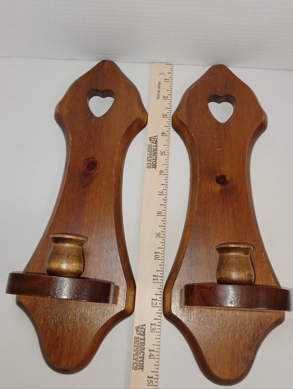 Pair of Wooden Heart Top Wall Sconces with Candle Holders - Brown. Grandmacore